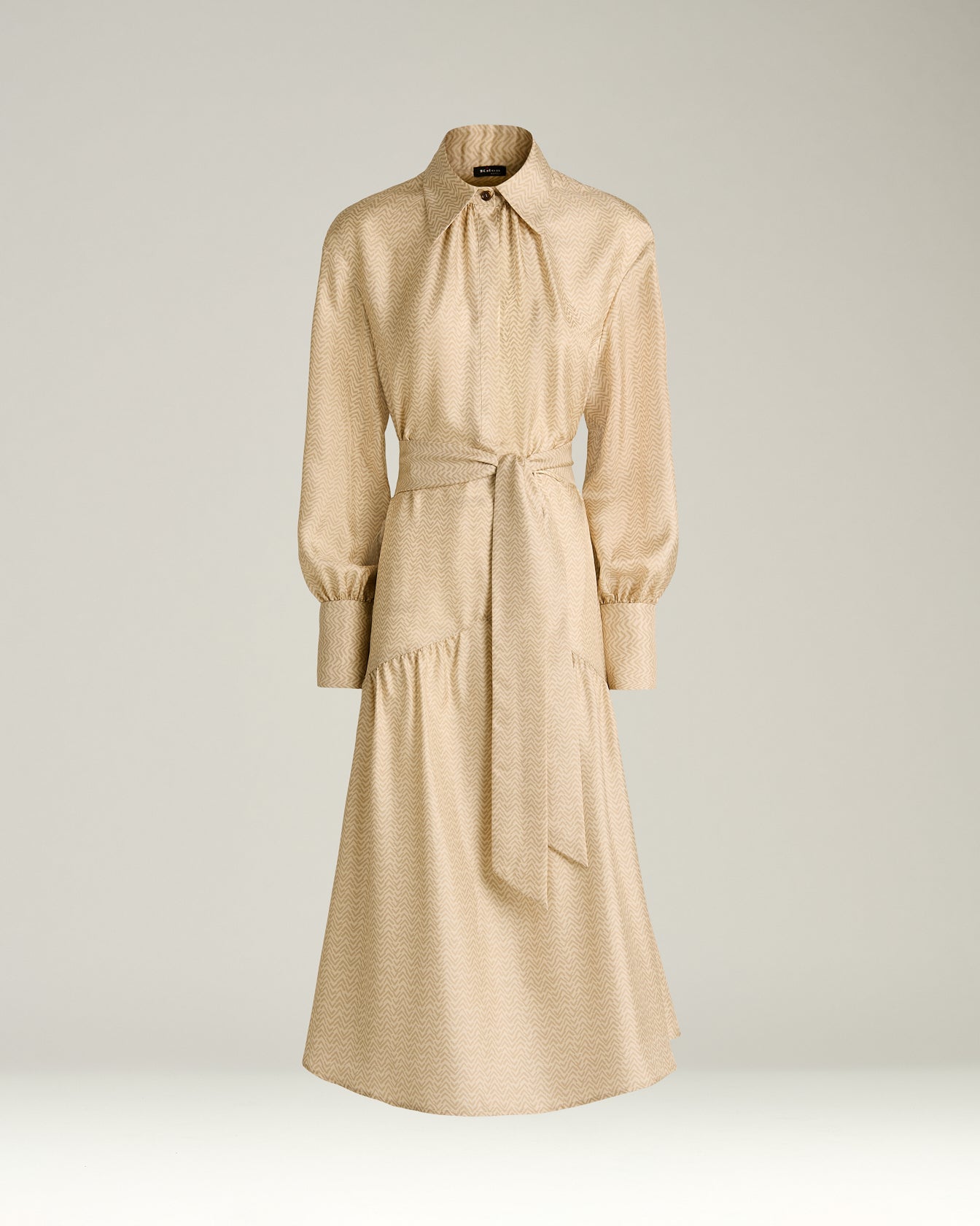 beige printed silk knee-length shirt dress