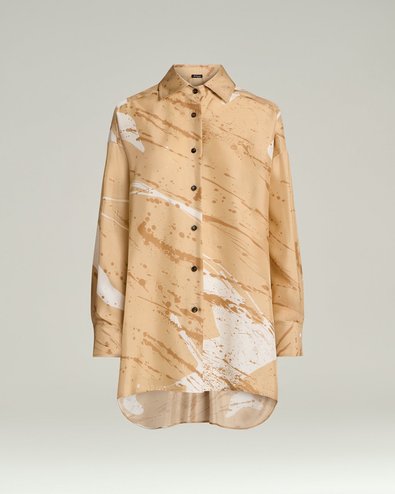 Women's camel silk satin shirt with abstract pattern | Kiton