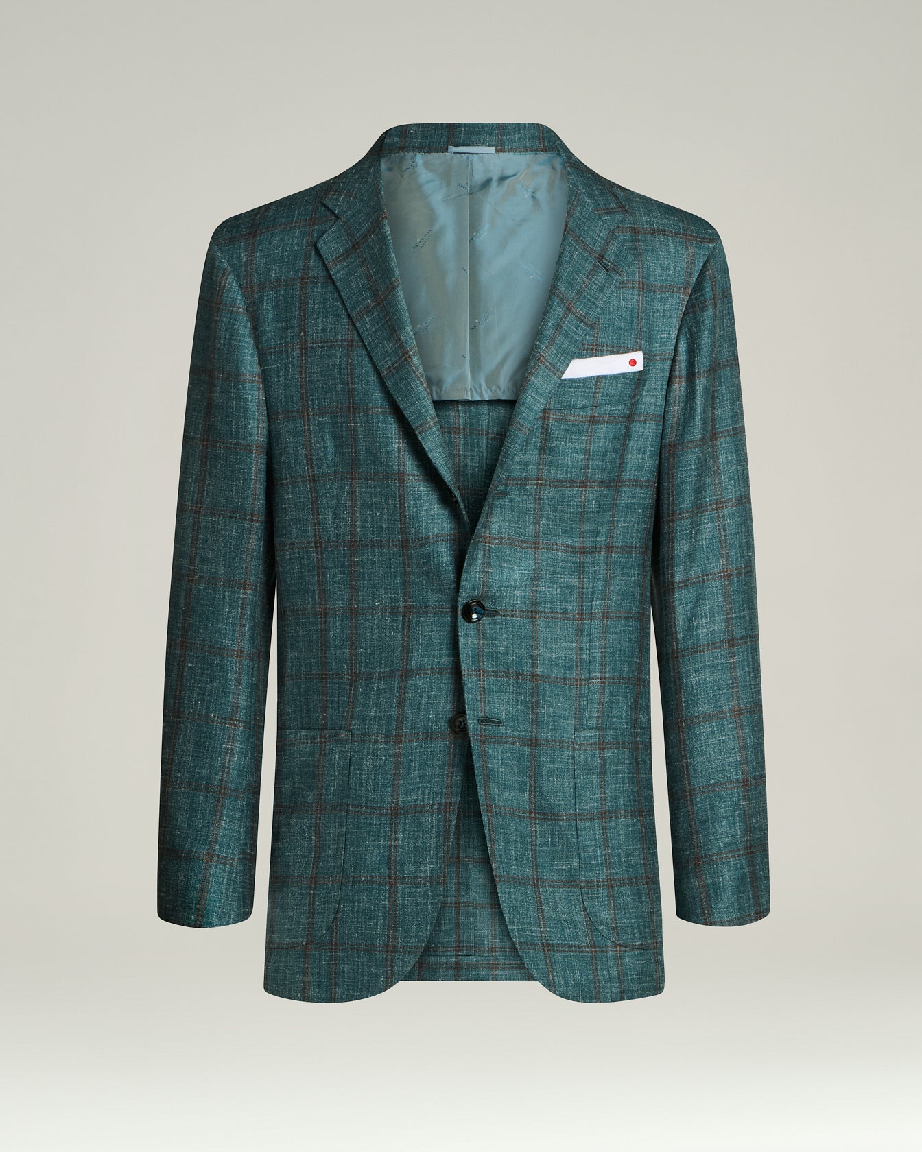 Men's green cashmere, silk and linen checked jacket | Kiton