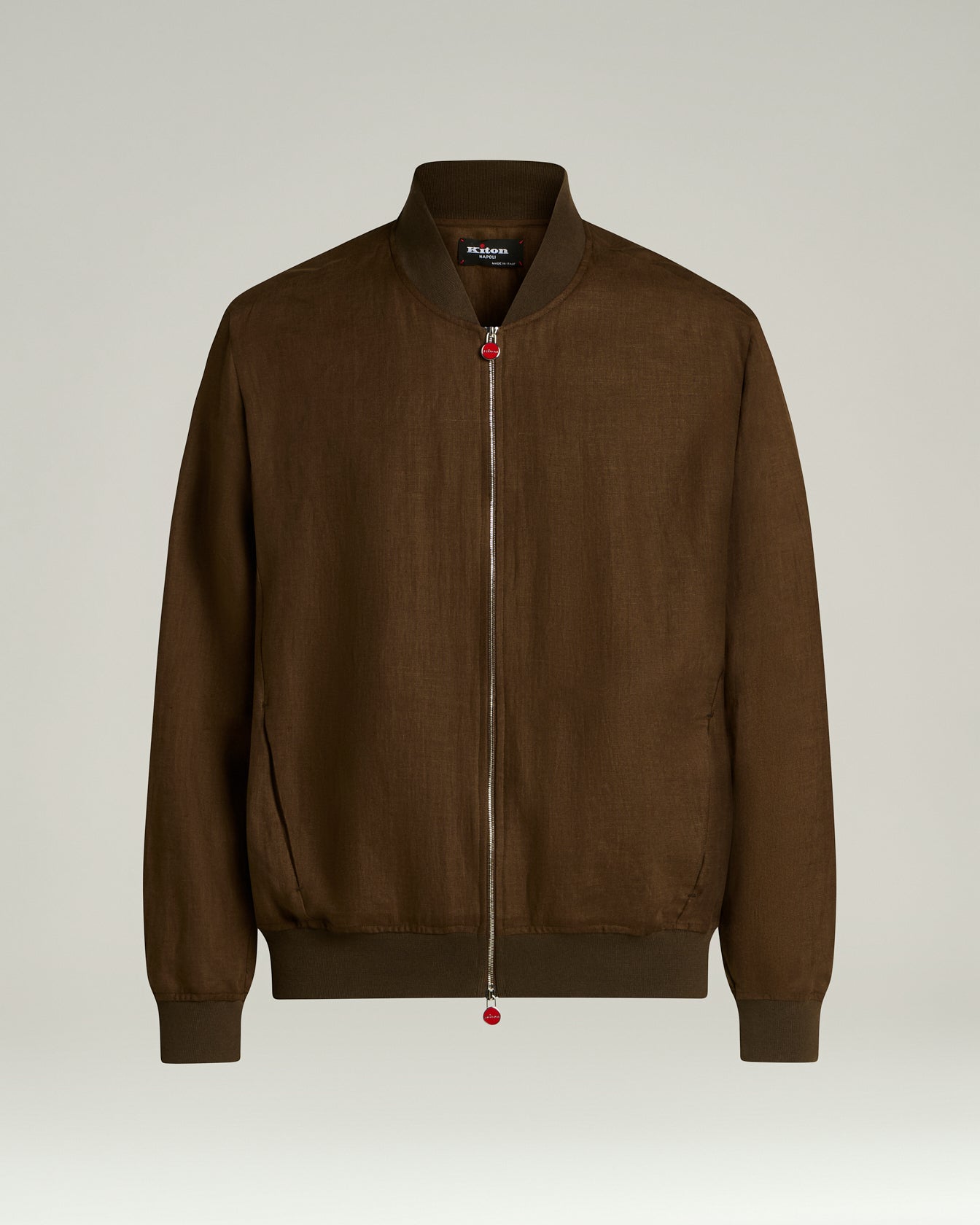 Men's brown pure linen zip jacket with stand collar | Kiton