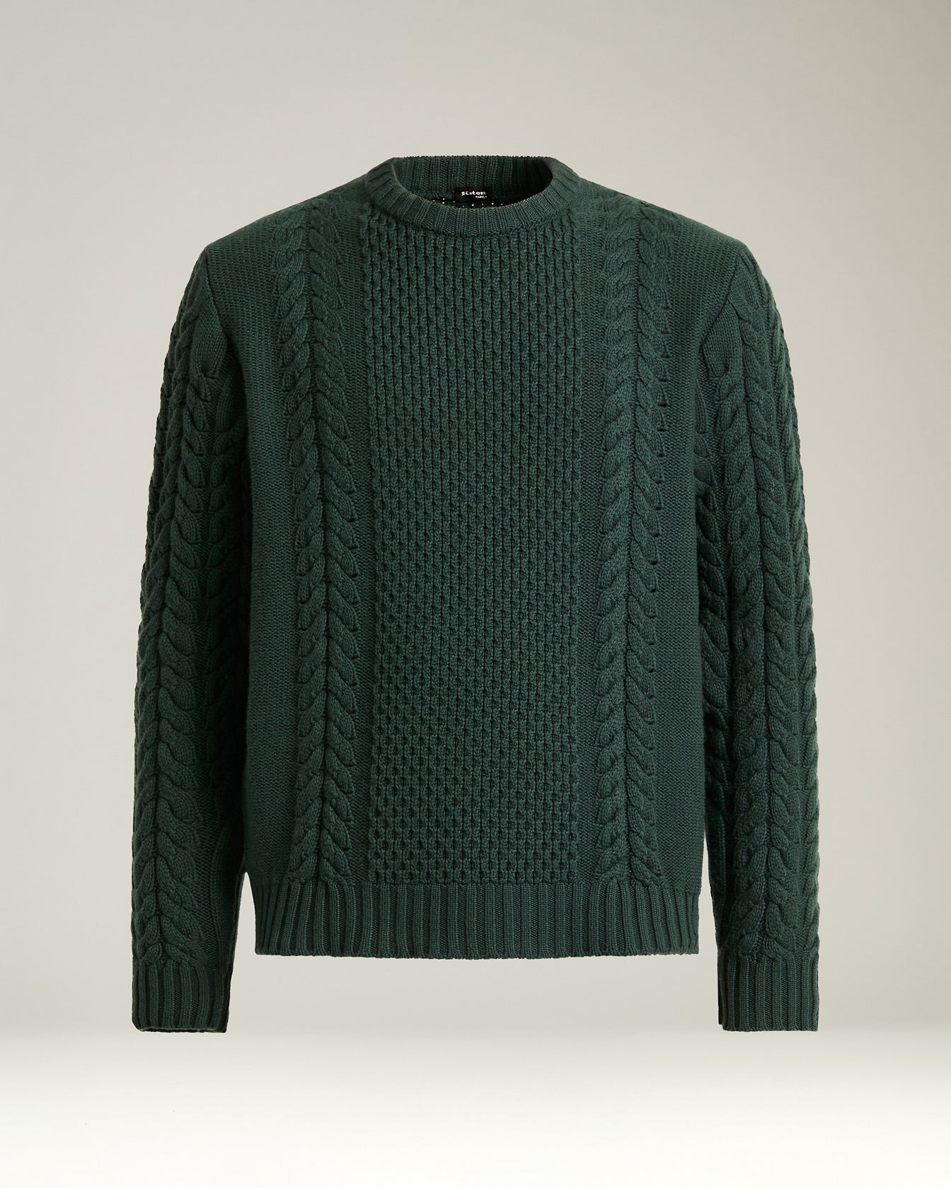 PINE GREEN CABLE-KNIT CASHMERE CREWNECK SWEATER