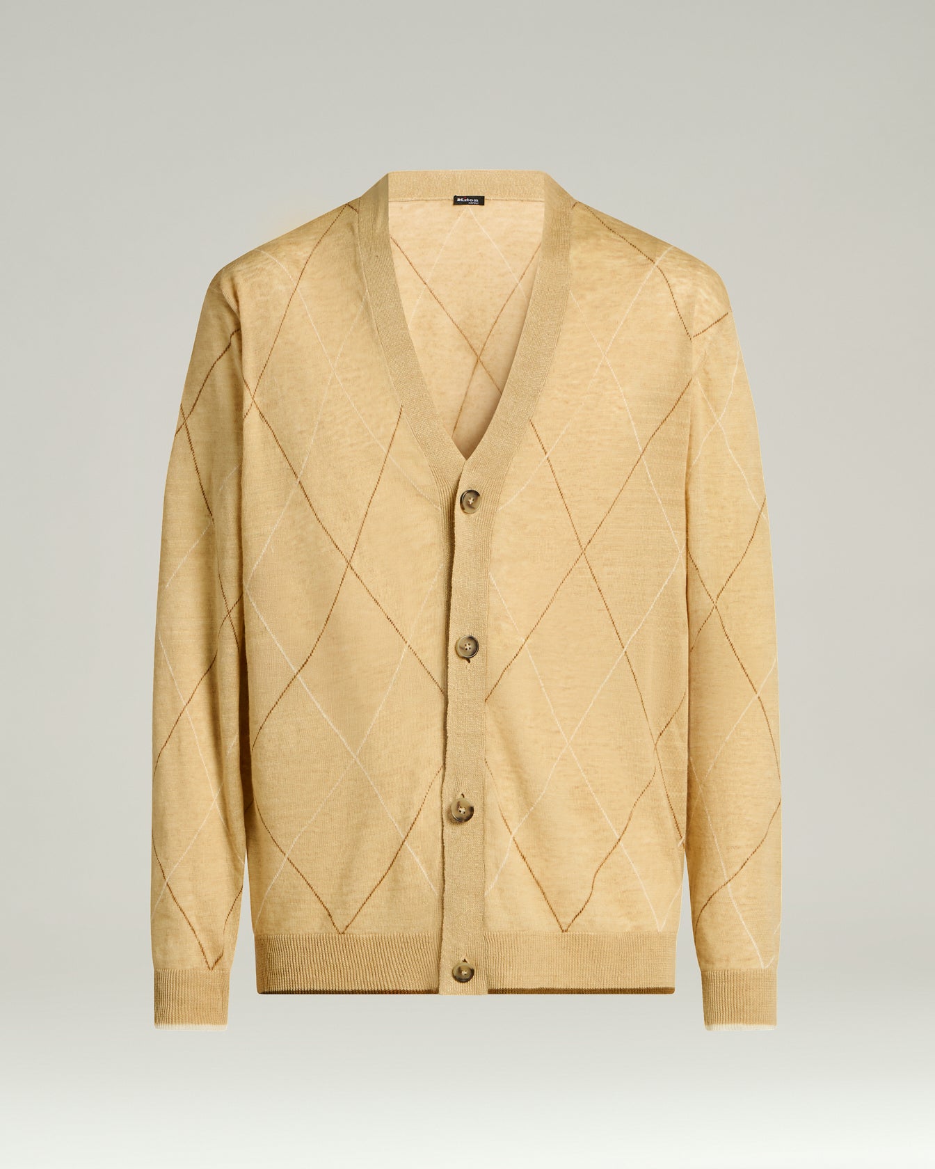 Men's beige pure linen diamond pattern cardigan | Kiton