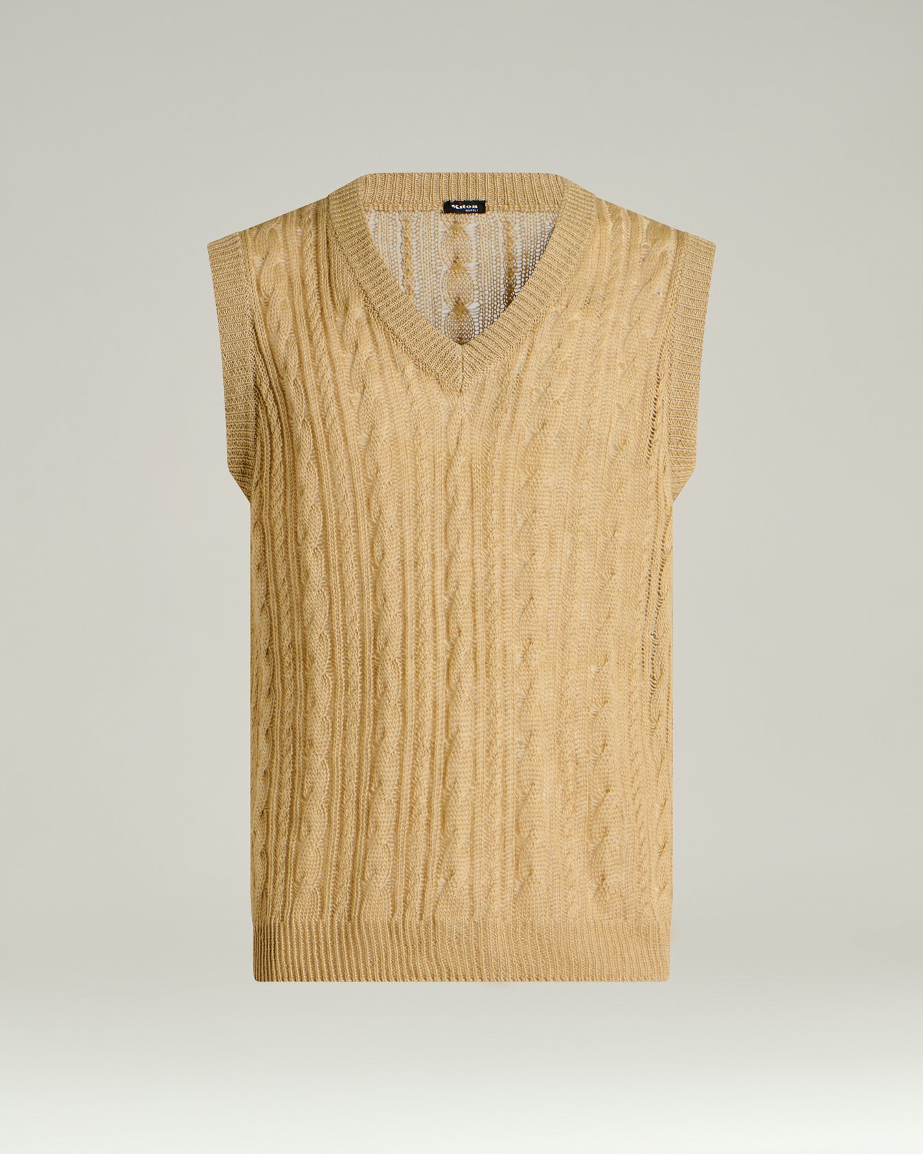 Men's beige pure linen cable knit V-neck sweater vest | Kiton