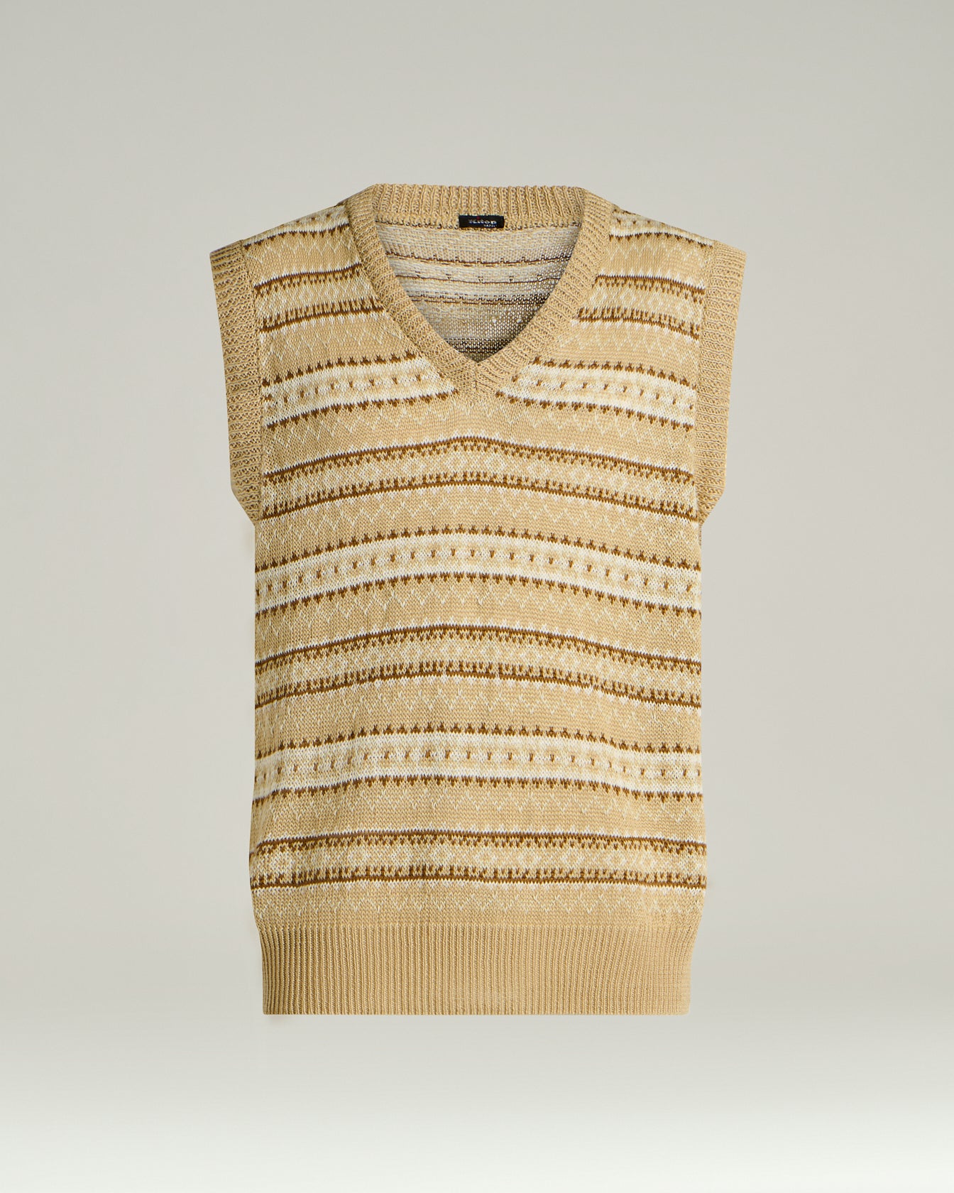 Men's beige/brown pure linen V-neck sweater vest | Kiton