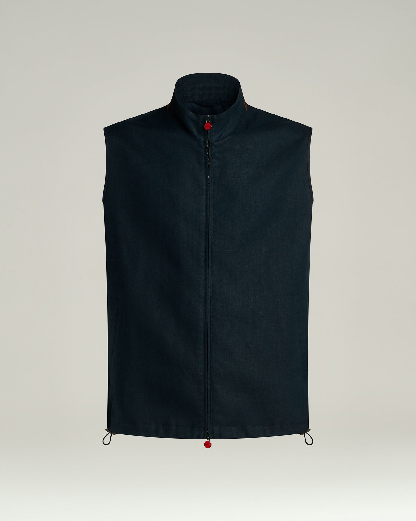 Men's navy linen sleeveless jacket with lambskin collar | Kiton