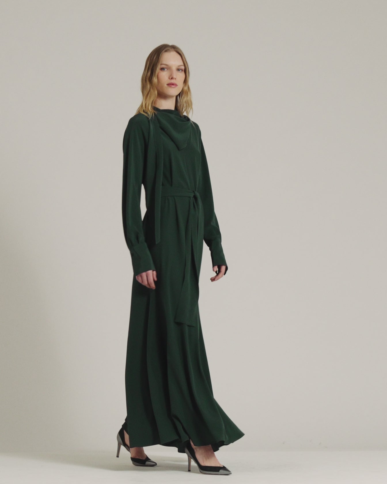 pine green long silk dress with draped neckline