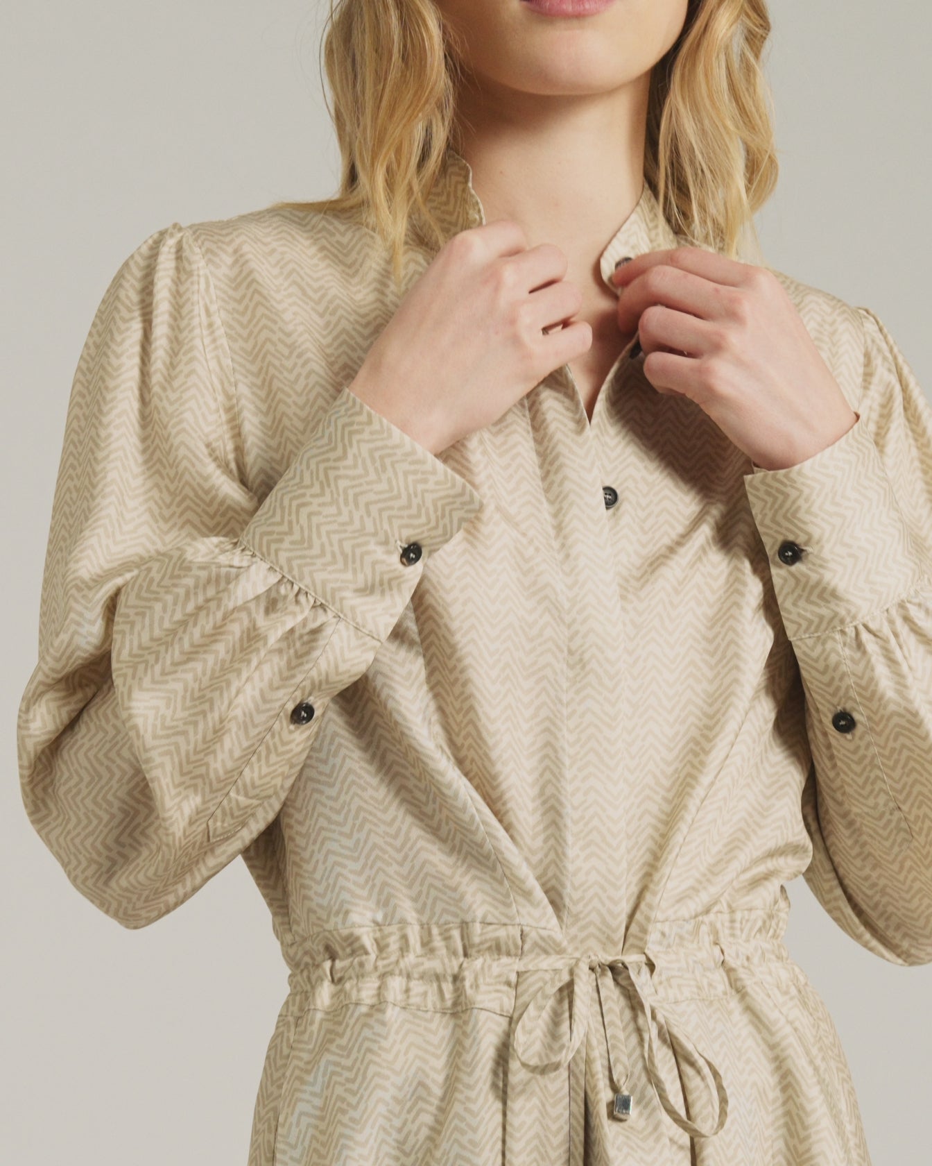 beige printed silk midi shirt dress