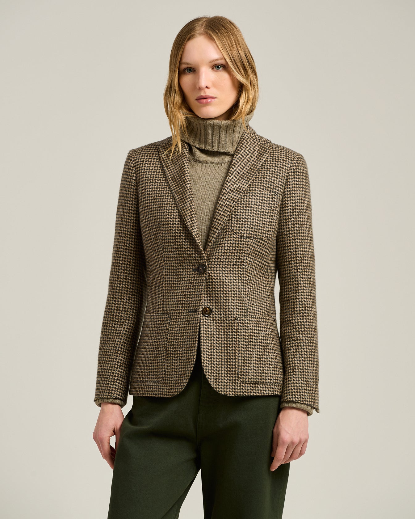 BROWN SINGLE-BREASTED HOUNDSTOOTH PURE CASHMERE BLAZER