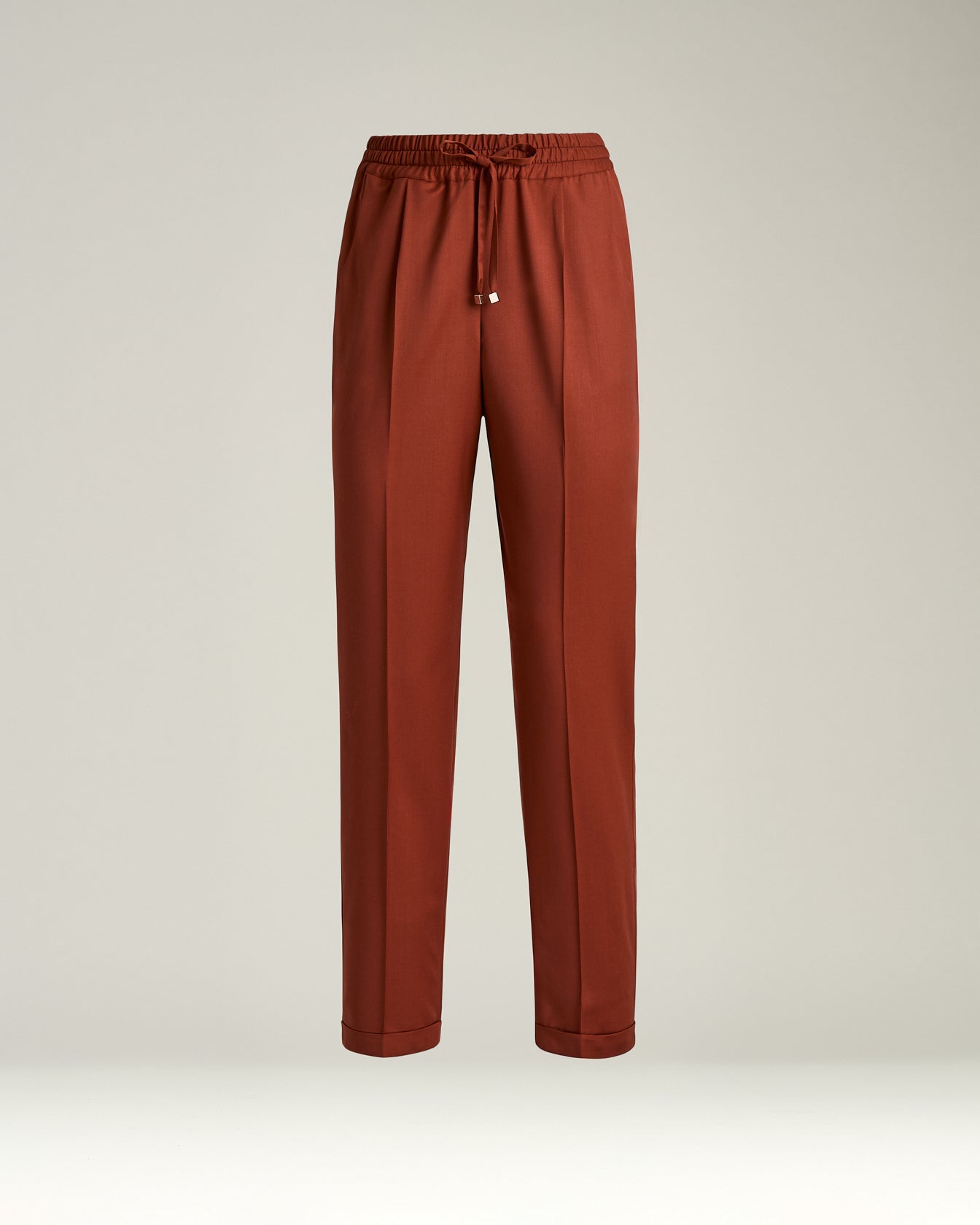 women's terracotta wool trousers with elastic waist