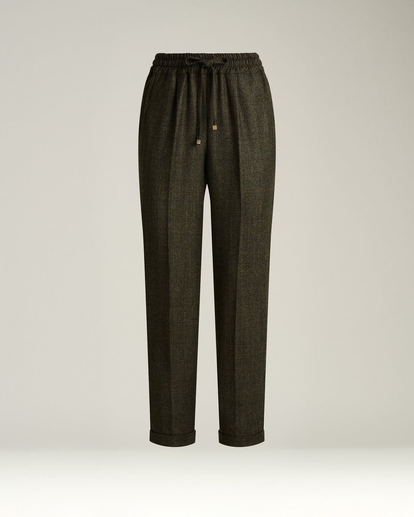 women's green prince of wales wool trousers with elastic waist