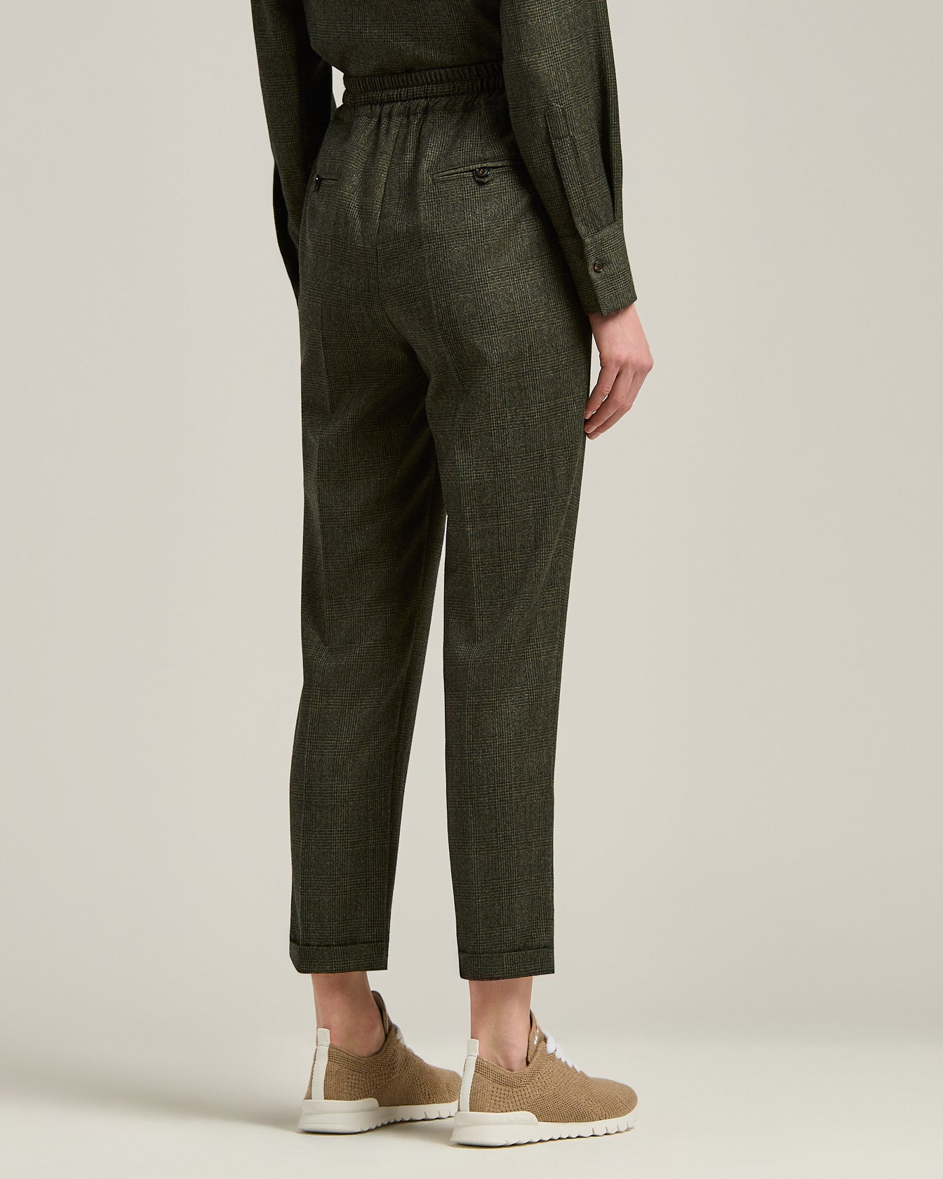 GREEN HOUNDSTOOTH WOOL TROUSERS WITH ELASTIC WAIST