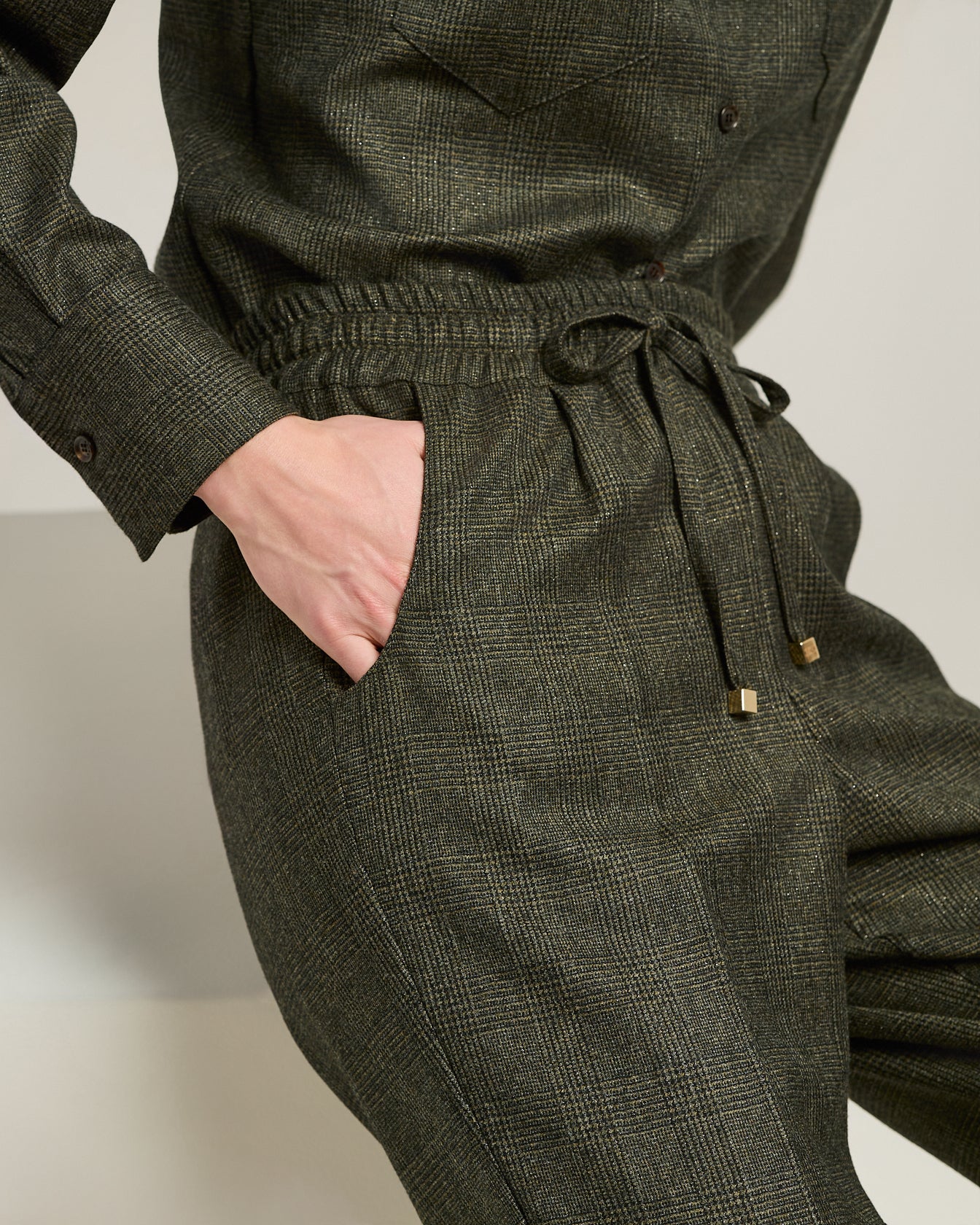 GREEN HOUNDSTOOTH WOOL TROUSERS WITH ELASTIC WAIST