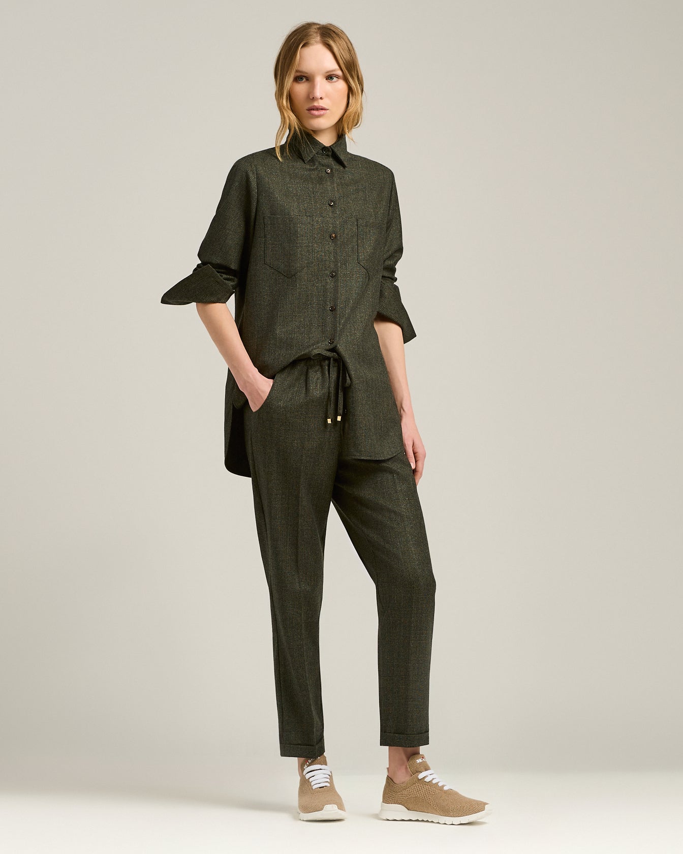 GREEN HOUNDSTOOTH WOOL TROUSERS WITH ELASTIC WAIST