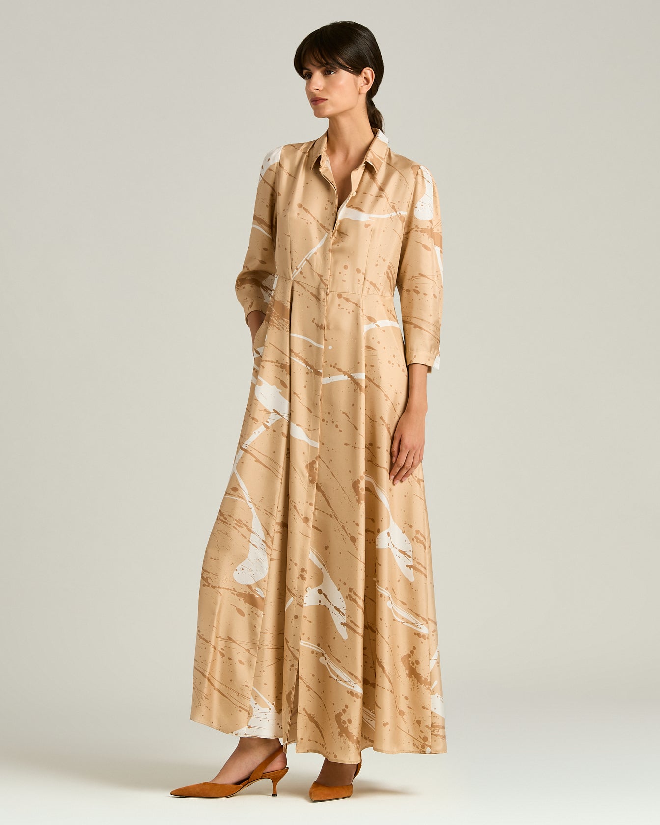 Long Printed Pure Silk Dress in Camel