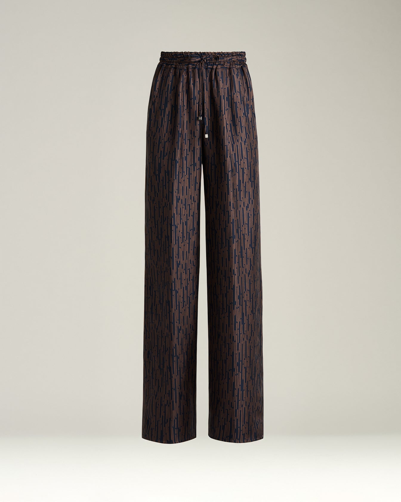 blue and brown printed silk palazzo trousers
