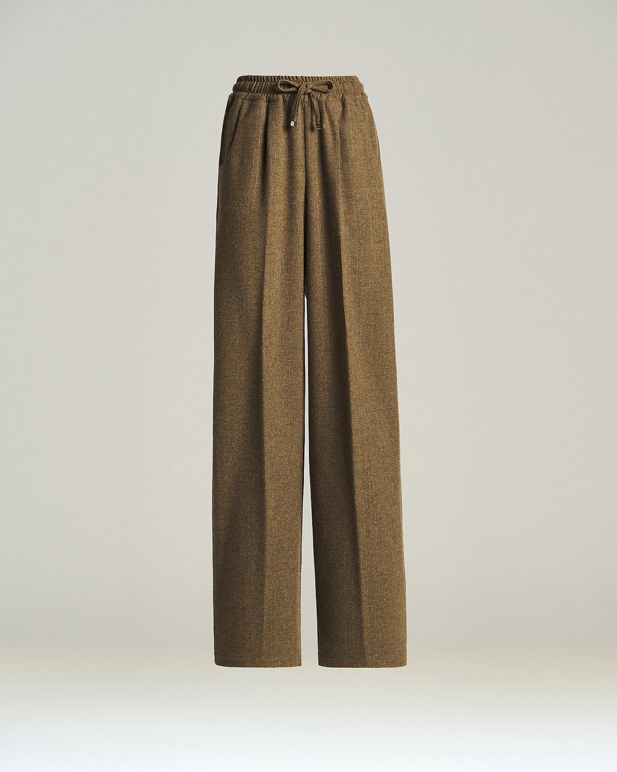 DARK BEIGE WOOL-CASHMERE WIDE-LEG TROUSERS WITH ELASTIC WAISTBAND 1