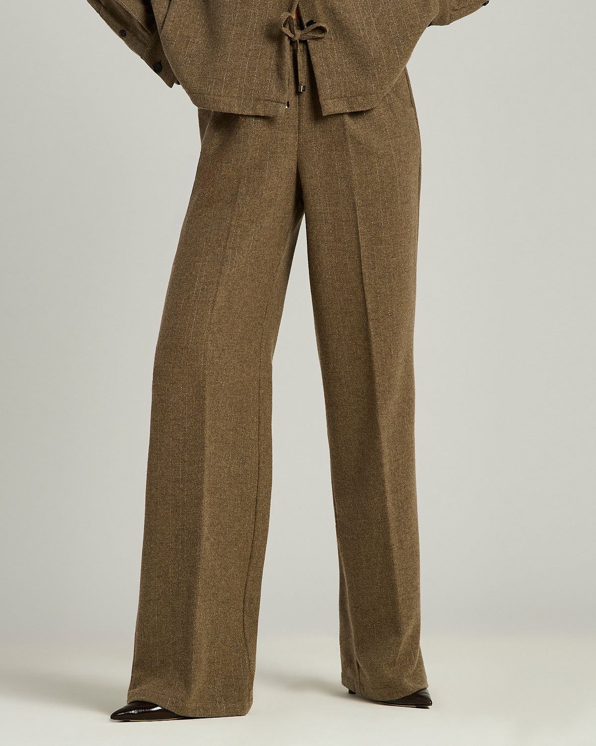 DARK BEIGE WOOL-CASHMERE WIDE-LEG TROUSERS WITH ELASTIC WAISTBAND 2