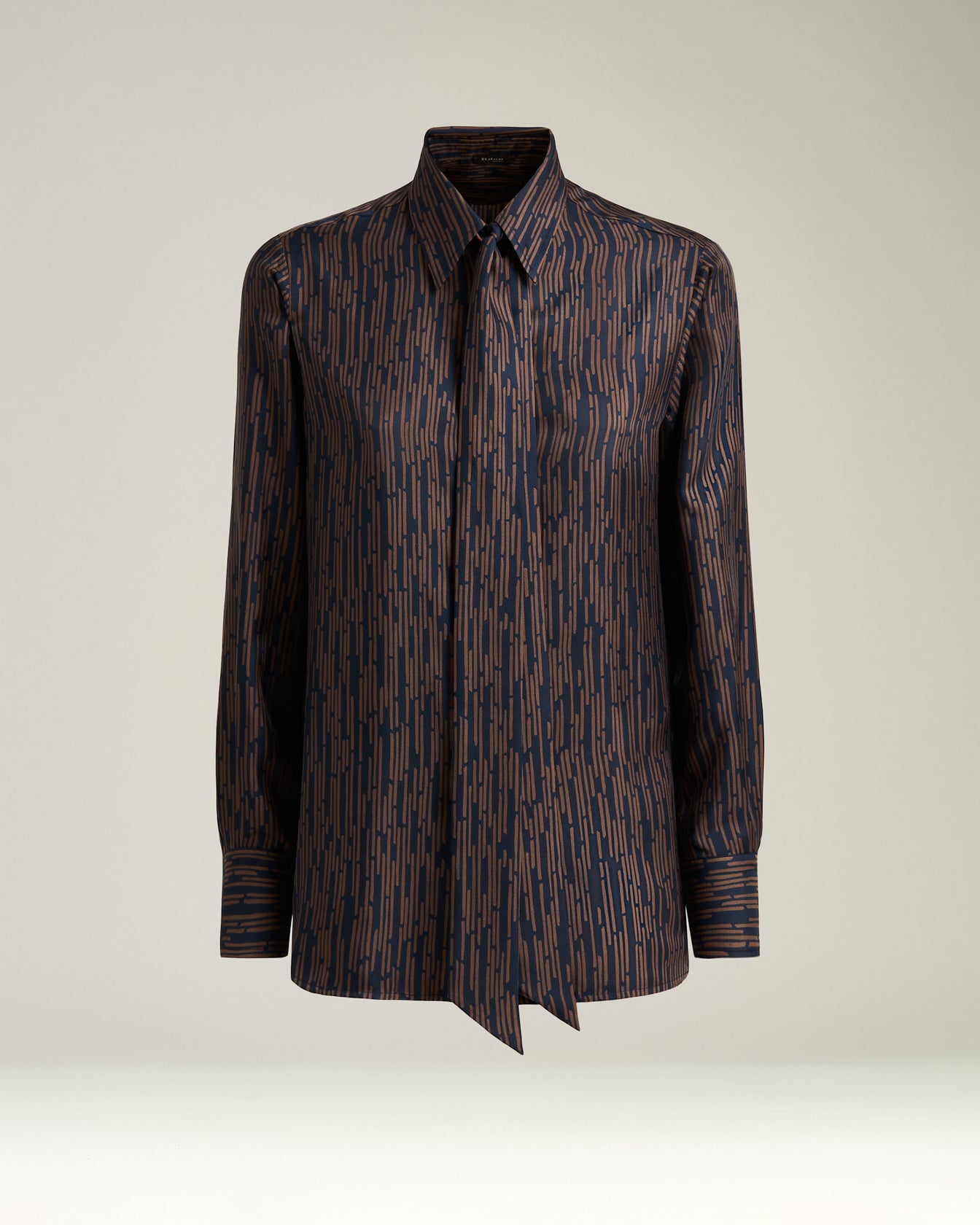 women's blue and brown printed silk blouse with tie neck
