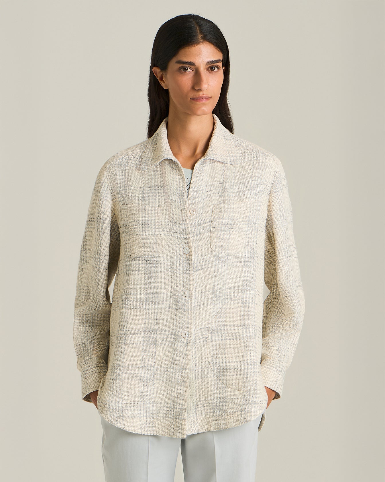 SILK AND LINEN BLEND CHECKED OVERSHIRT