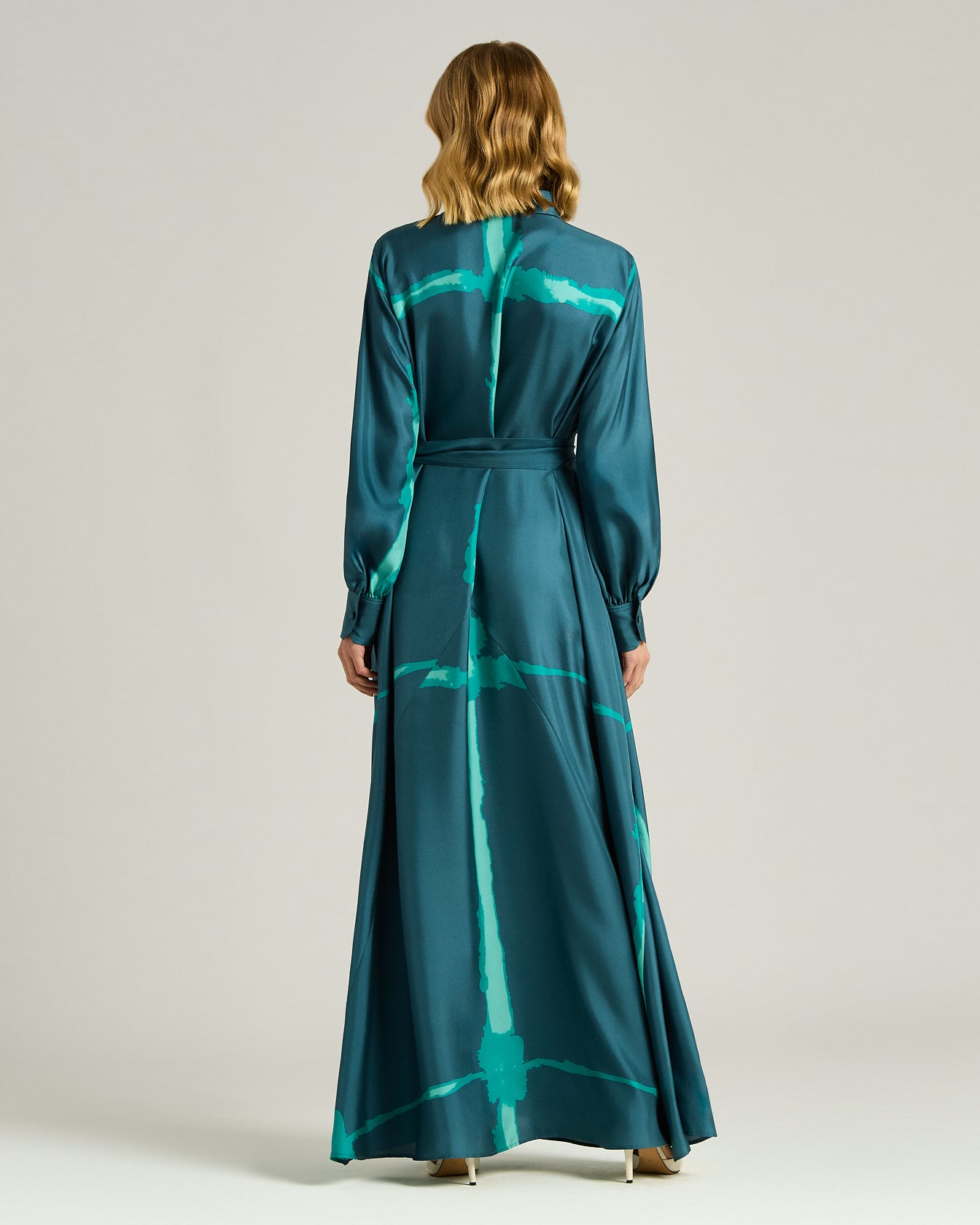 Petroleum Green Long Printed Silk Dress