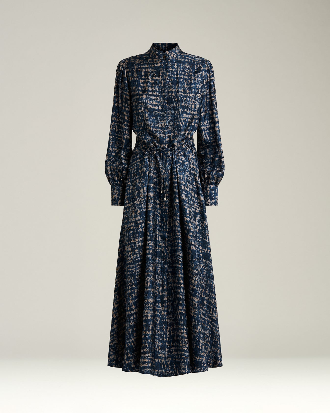 LIGHT BLUE PATTERNED SILK MIDI SHIRT DRESS