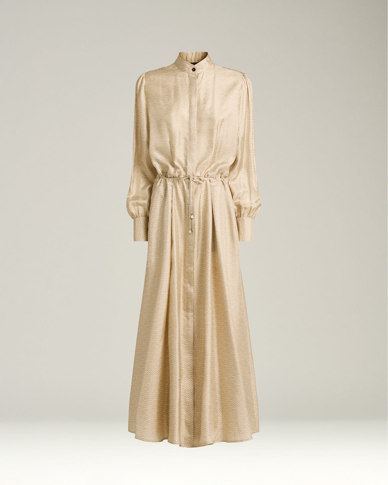 BEIGE PRINTED SILK MIDI SHIRT DRESS