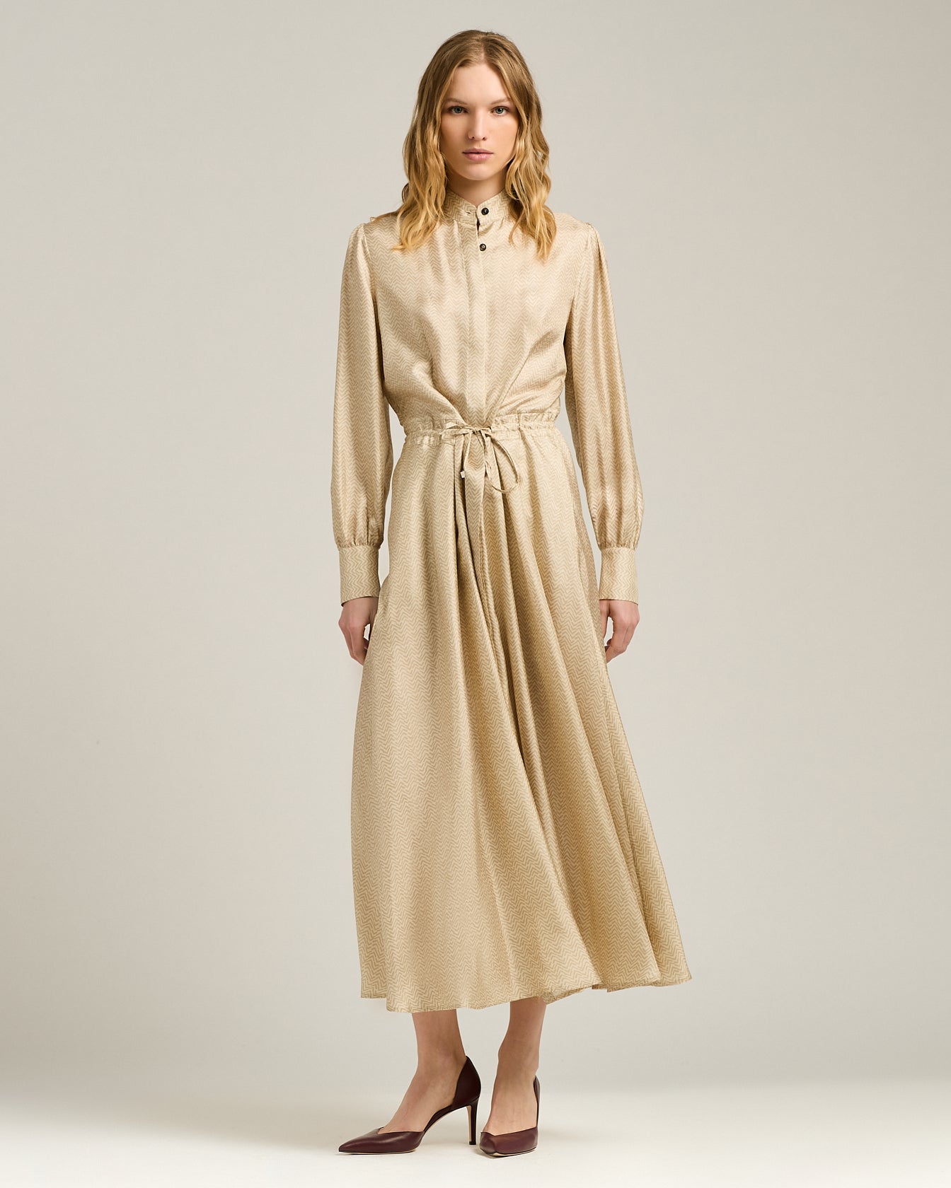 BEIGE PRINTED SILK MIDI SHIRT DRESS
