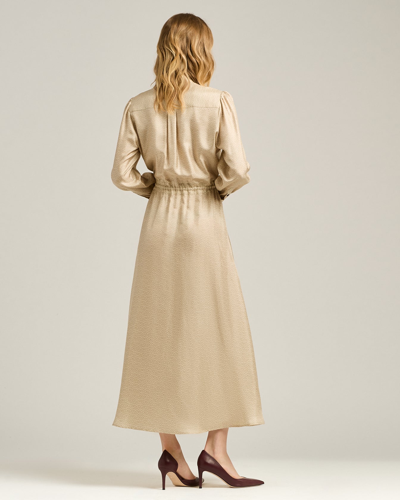 BEIGE PRINTED SILK MIDI SHIRT DRESS
