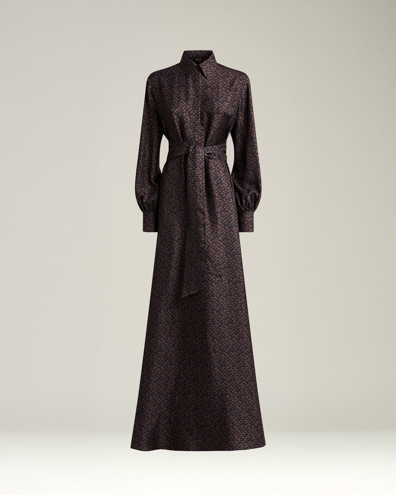 brown and blue printed long silk shirt dress