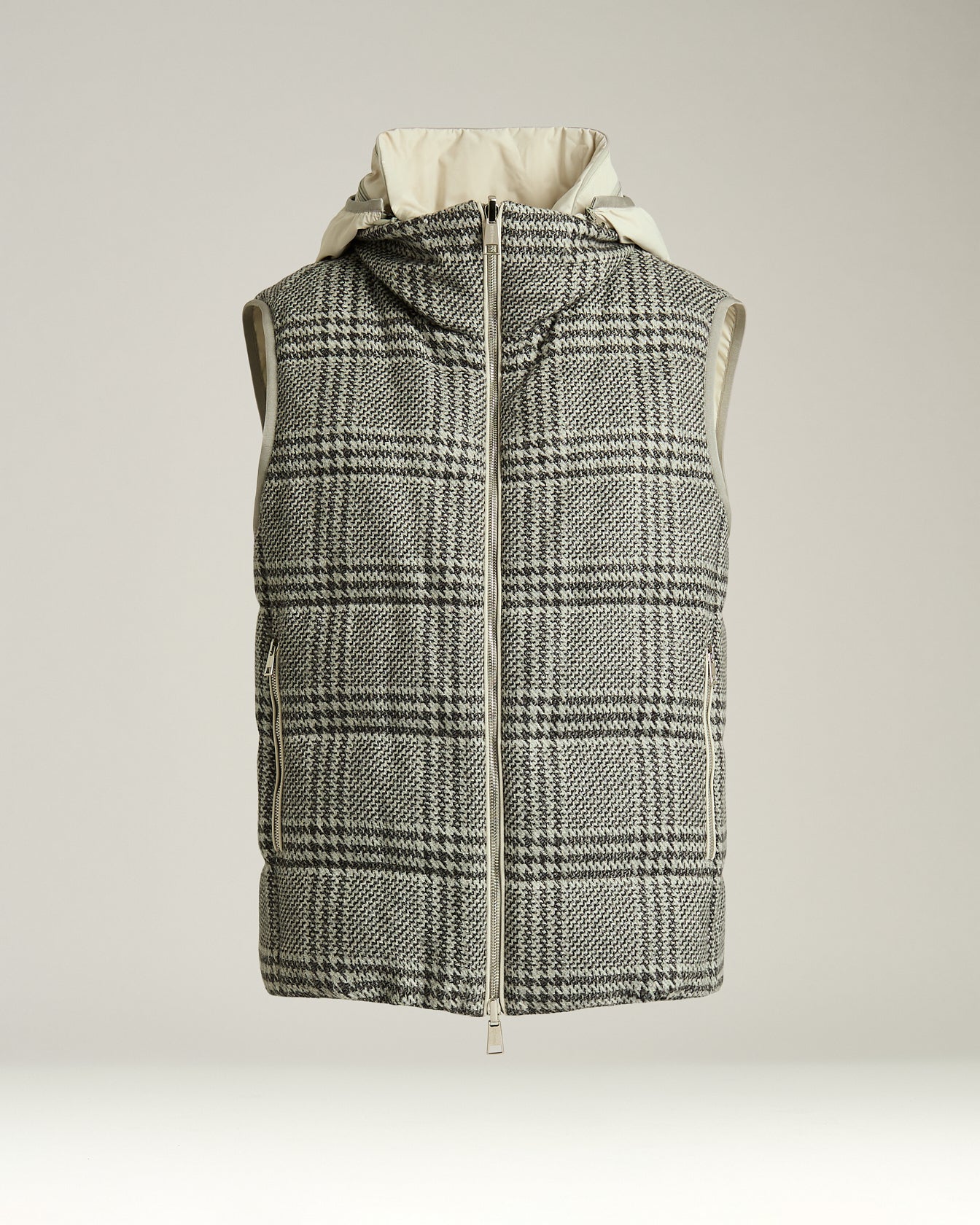 HOODED SLEEVELESS SILK AND CASHMERE GILET