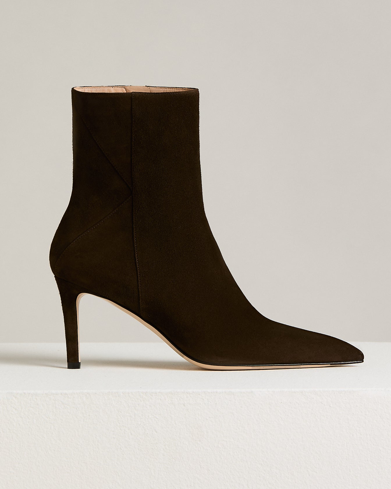 dark brown suede ankle boots with stiletto heel