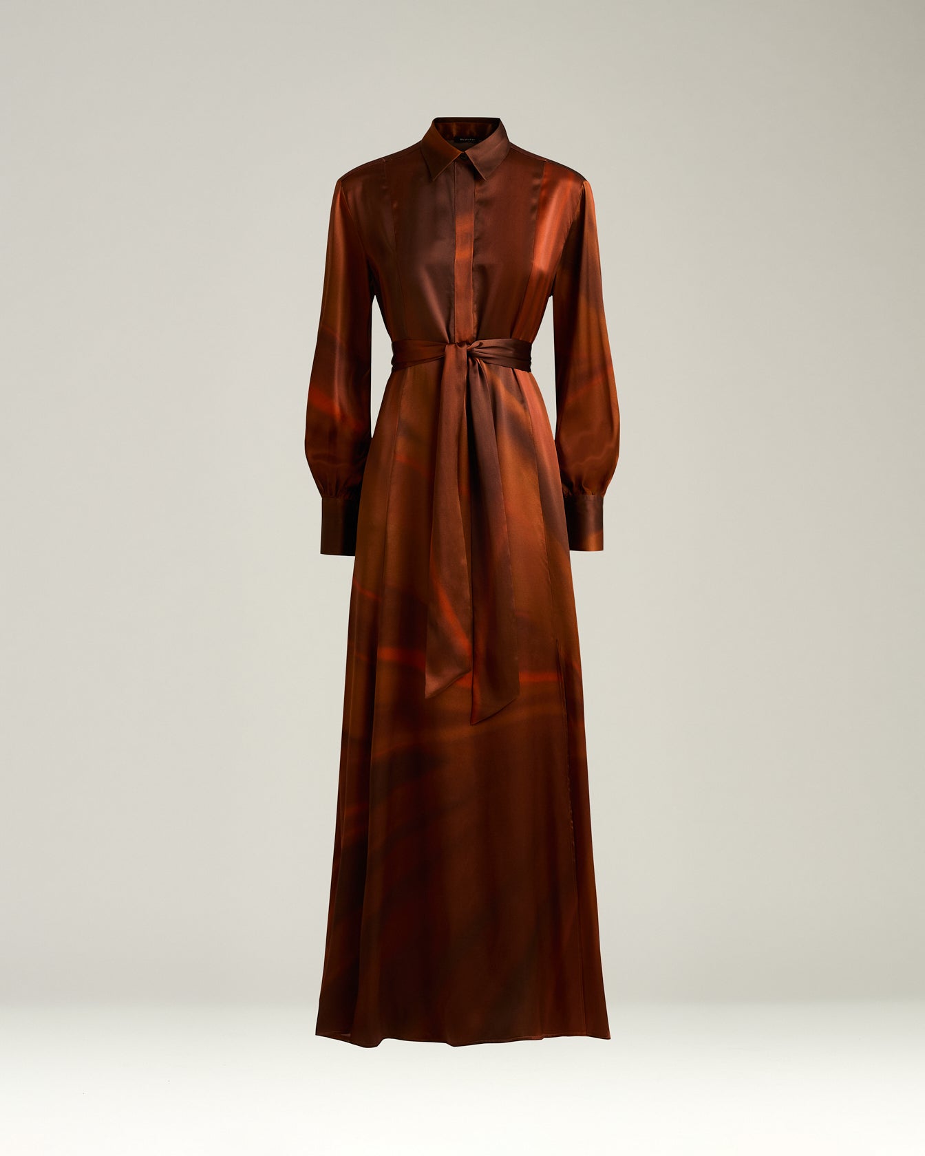 brown and rust printed long silk shirt dress