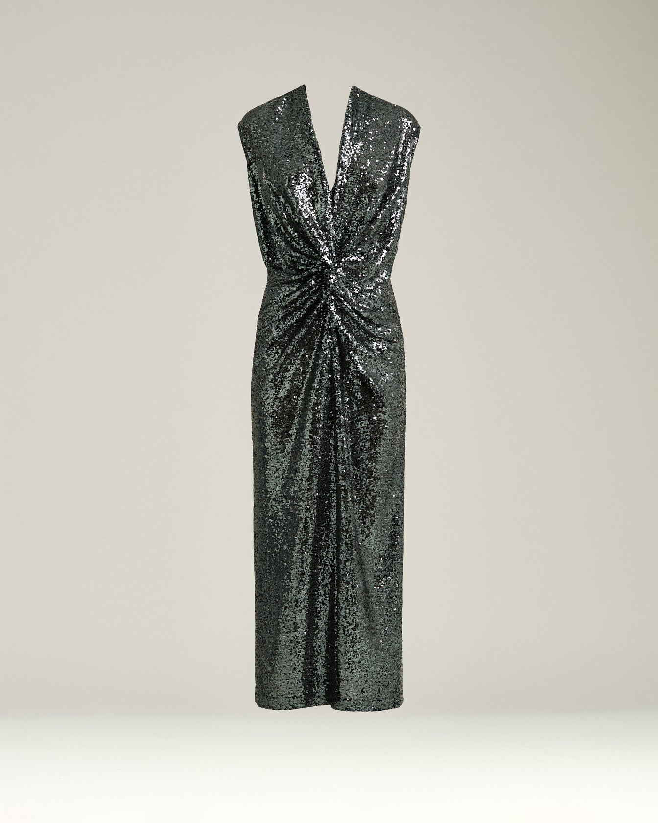 gray draped midi dress with sequins