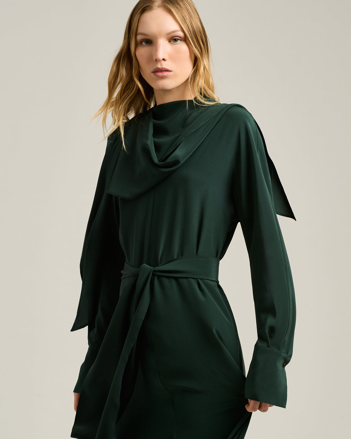Pine Green Long Silk Dress with Draped Neckline
