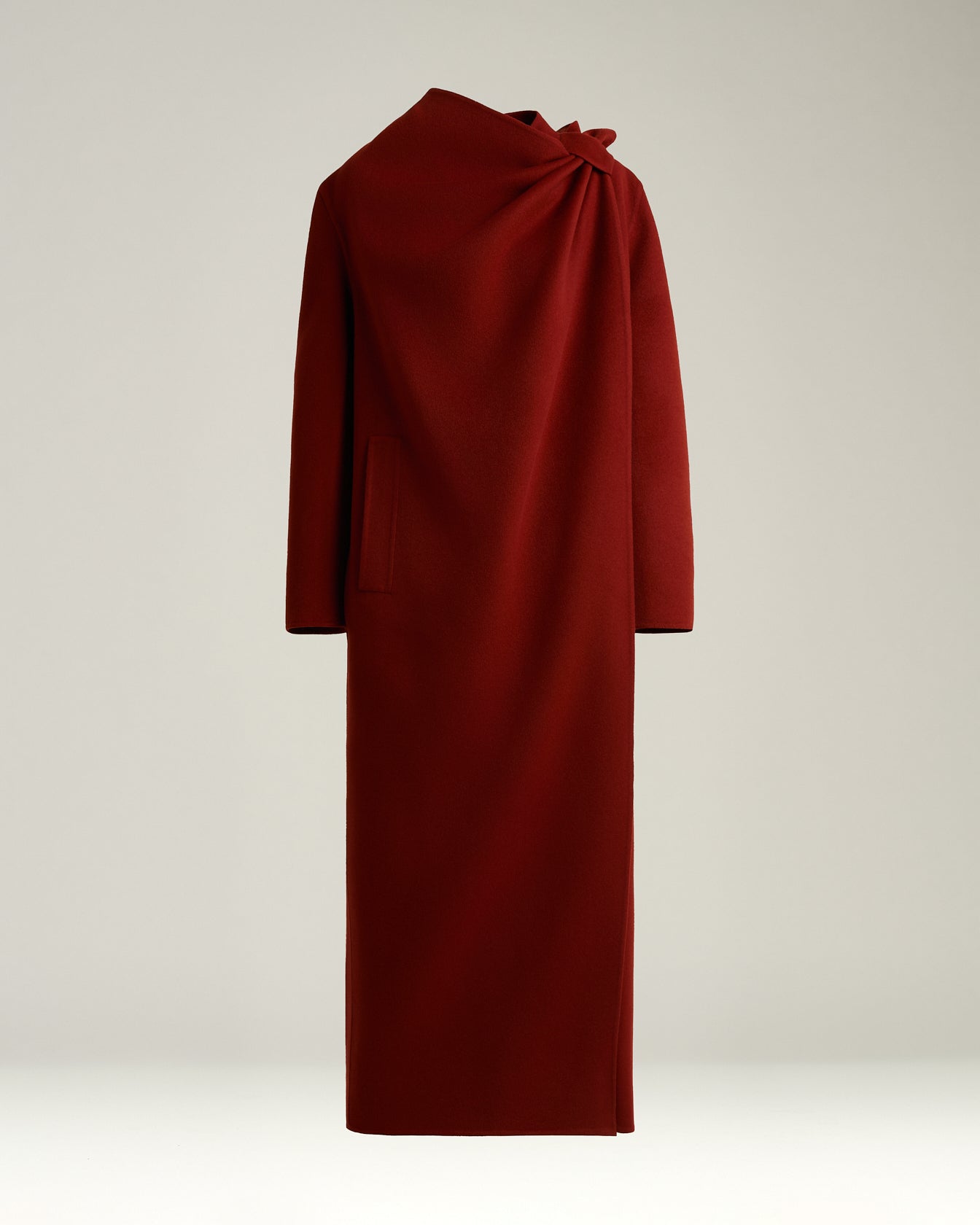 rust long pure cashmere coat with sartorial knot