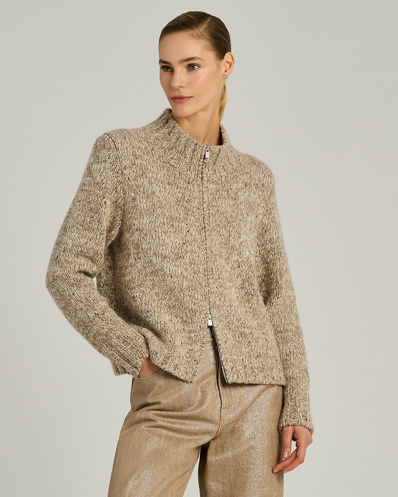 CARDIGAN CON ZIP IN CASHMERE E LANA MÉLANGE