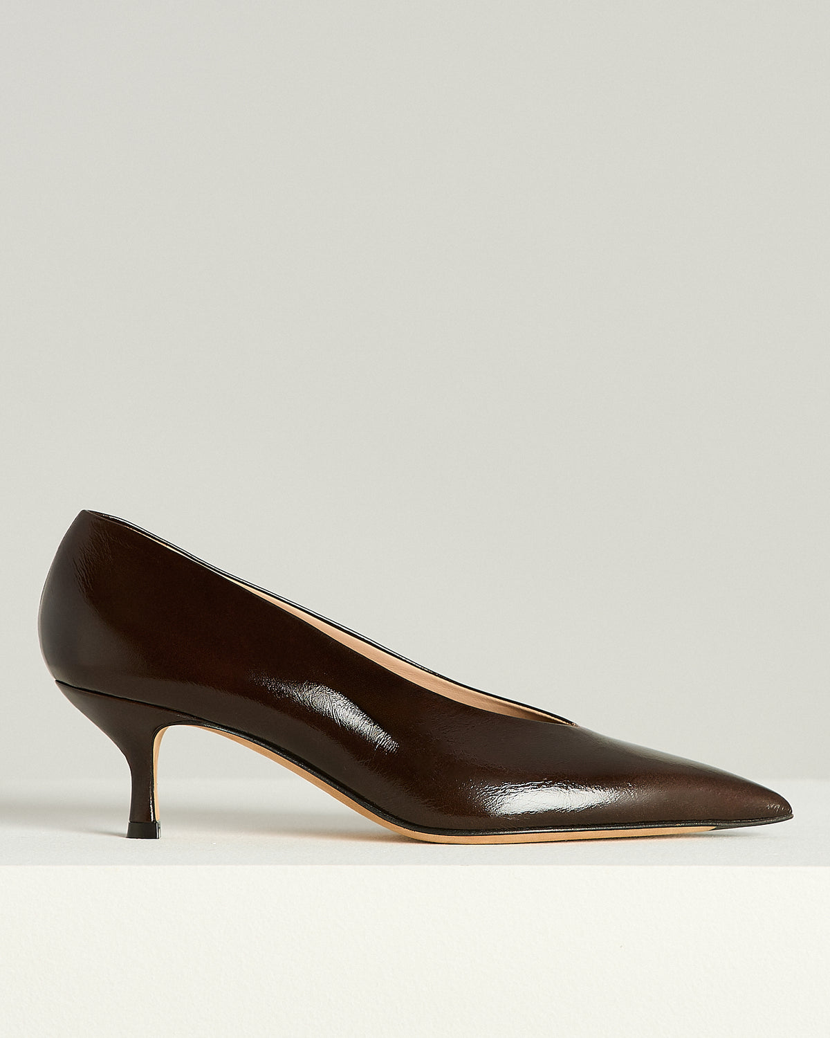 DARK BROWN CALFSKIN POINTED MID-HEEL PUMPS 1