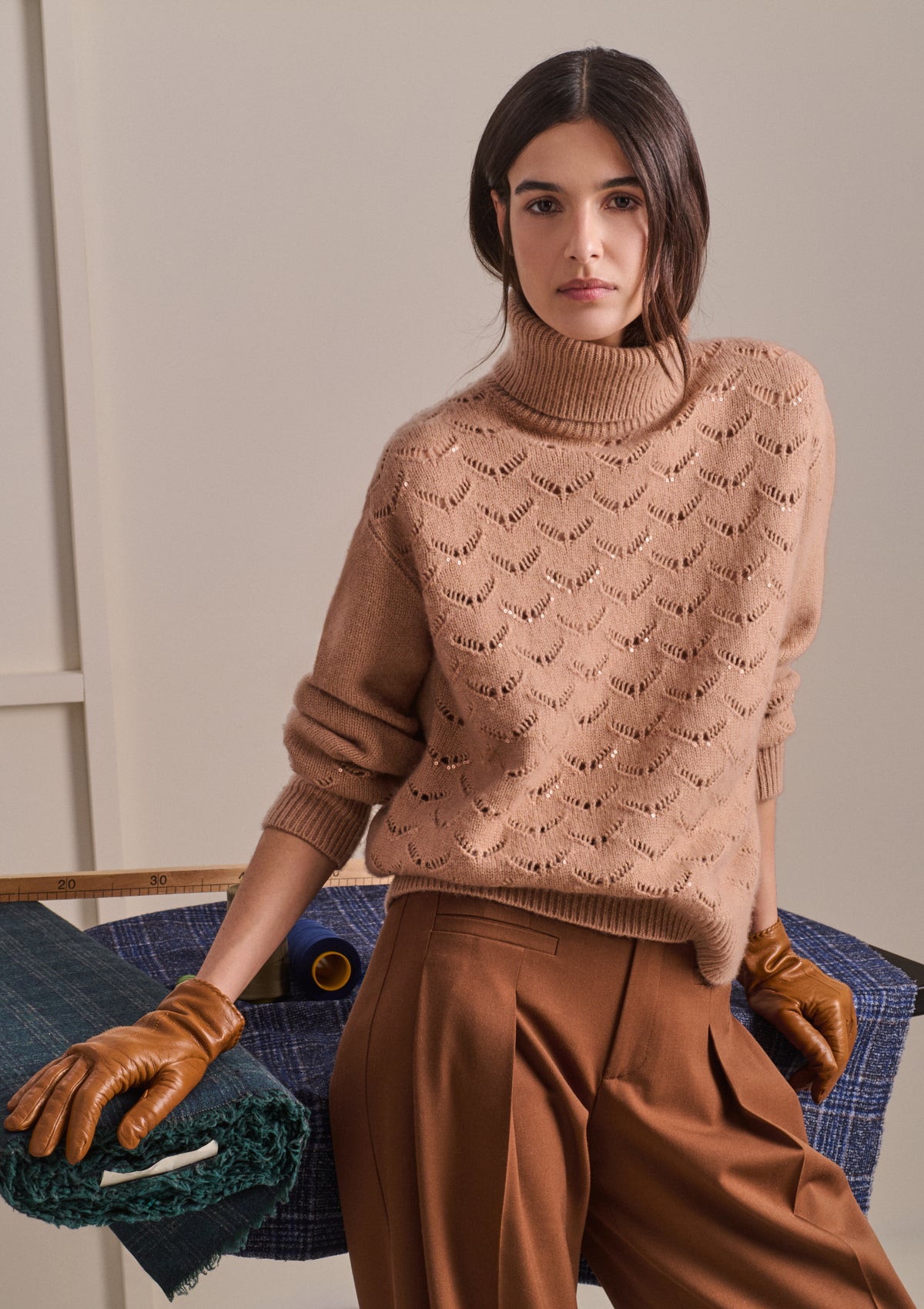 CAMEL/DARK CAMEL CASHMERE HIGH-NECK SWEATER 4
