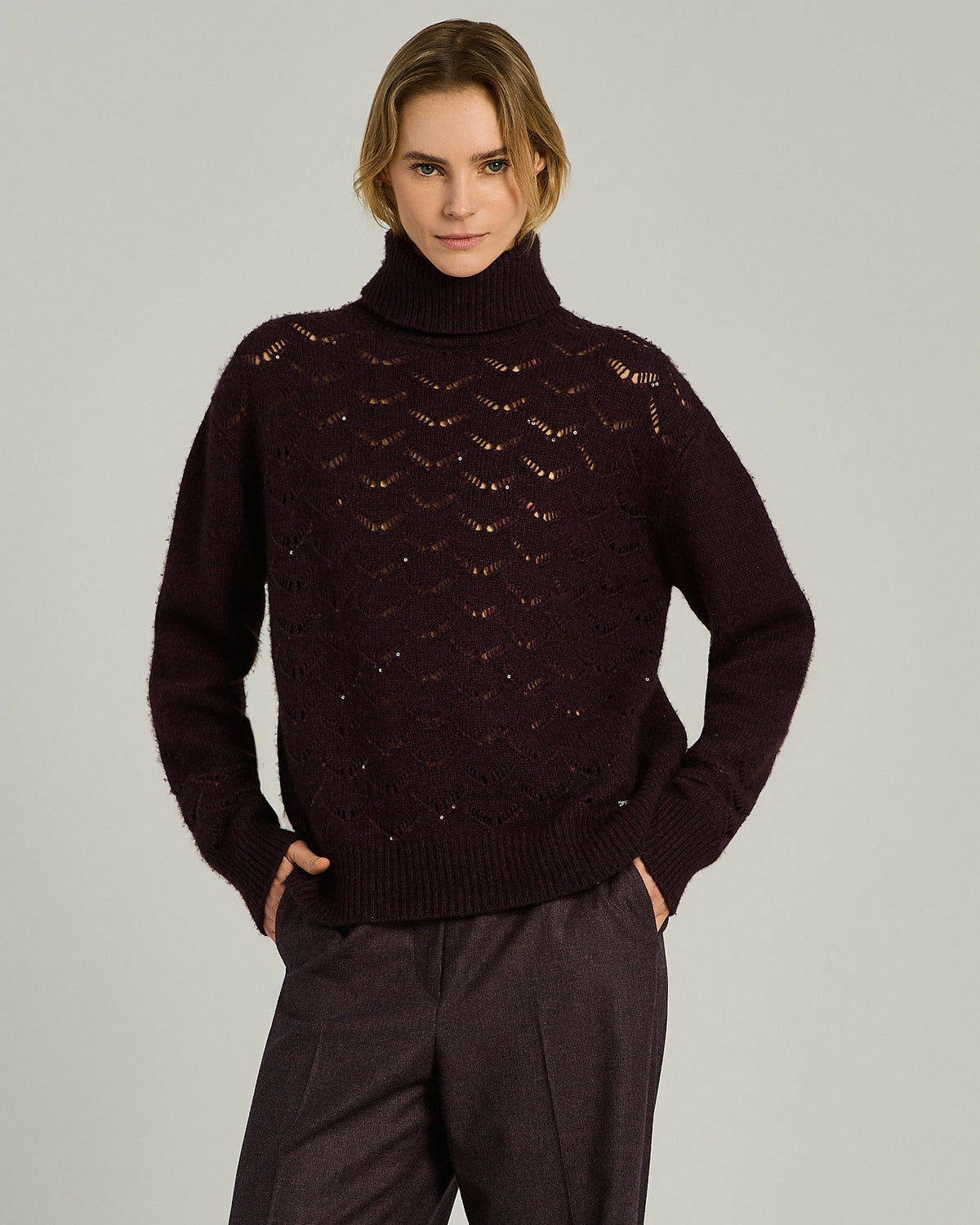 BURGUNDY/DARK BROWN CASHMERE HIGH-NECK SWEATER 2