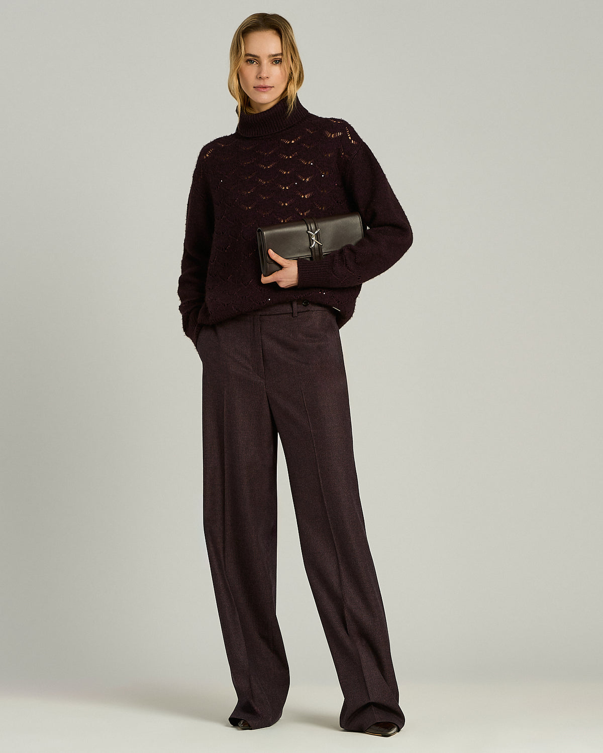 BURGUNDY/DARK BROWN CASHMERE HIGH-NECK SWEATER 5