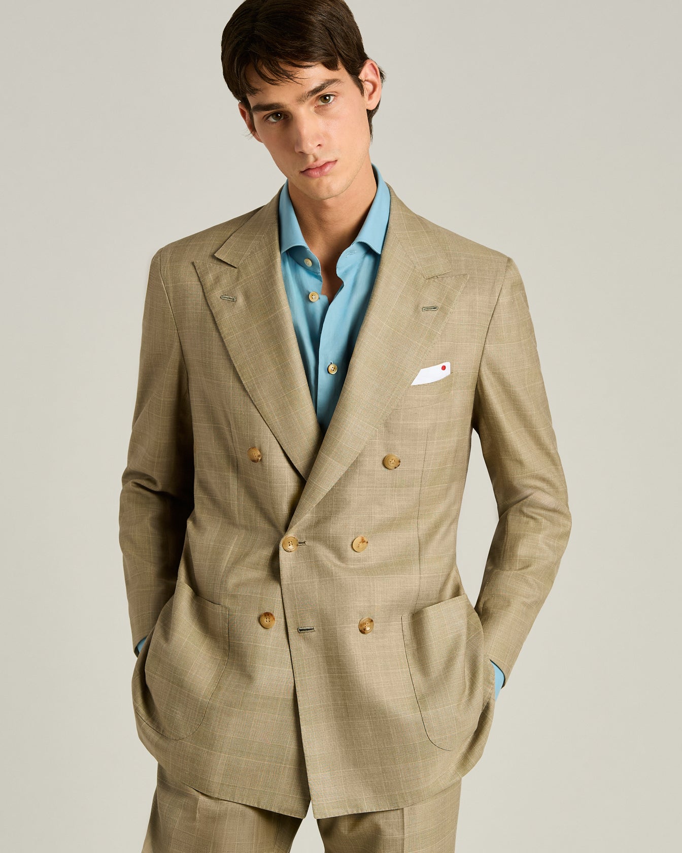 Men's brown double-breasted wool, silk and linen suit | Kiton