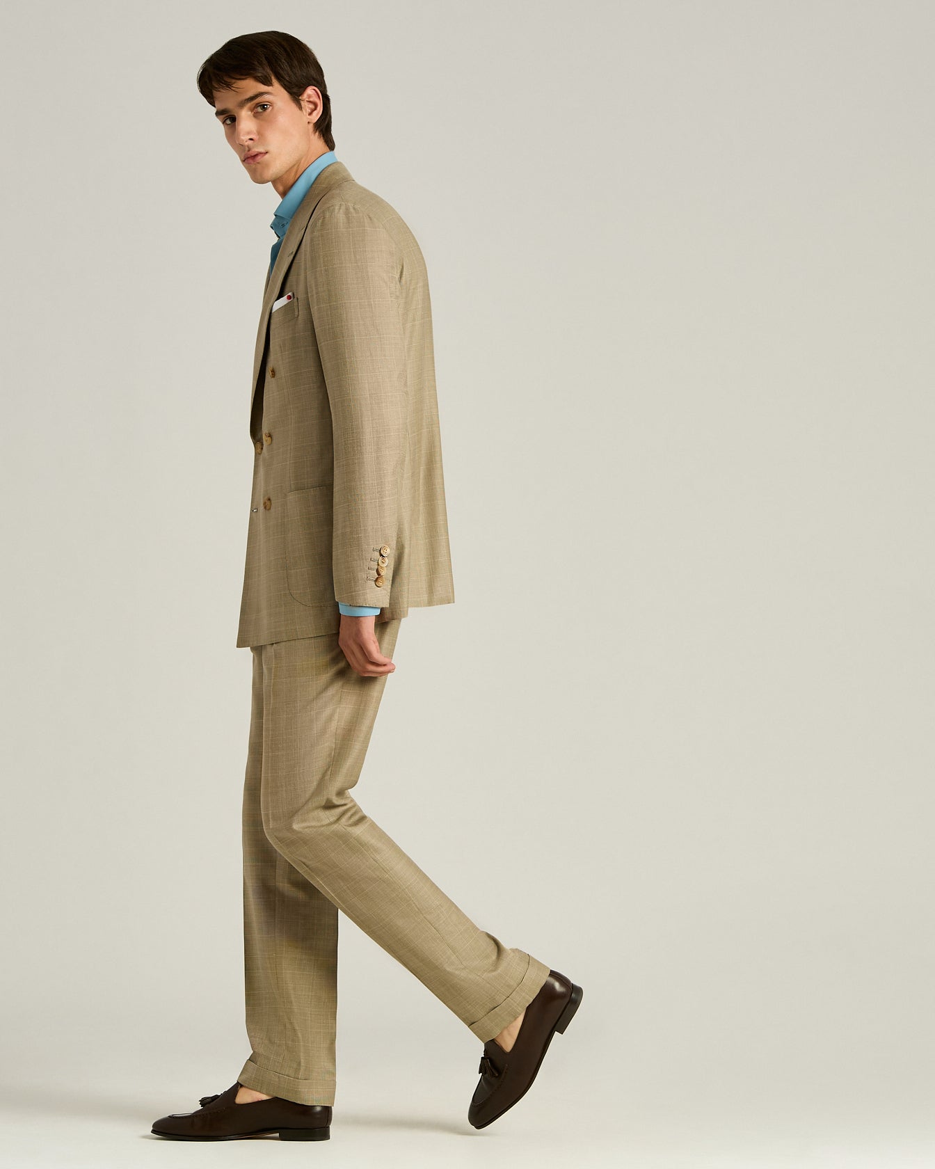 Men's brown double-breasted wool, silk and linen suit | Kiton
