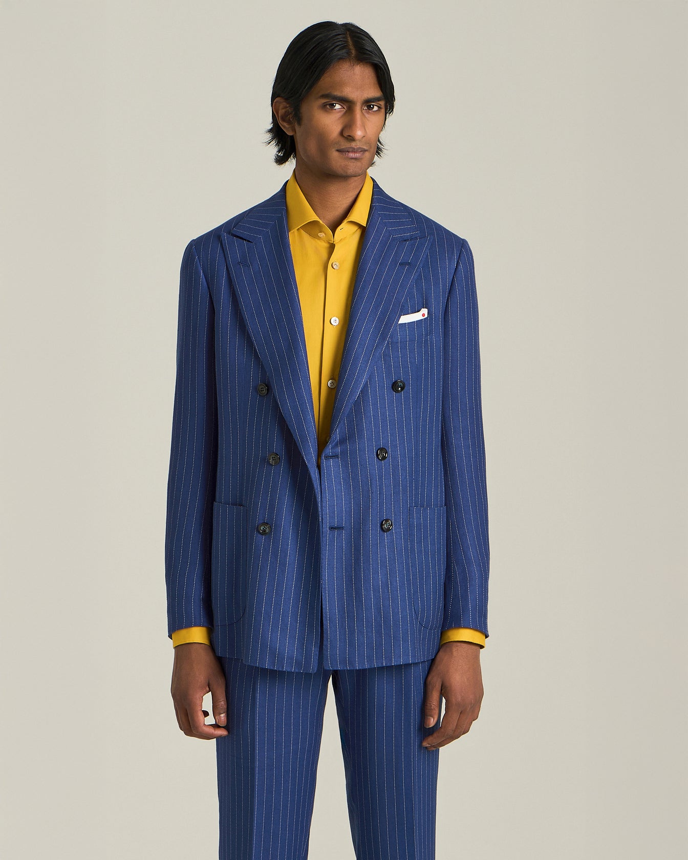 DOUBLE-BREASTED CASHMERE AND LINEN PINSTRIPE SUIT