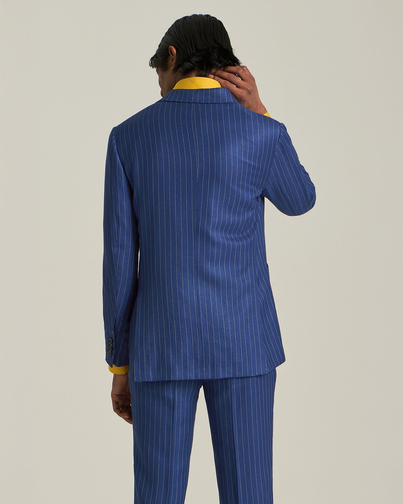 DOUBLE-BREASTED CASHMERE AND LINEN PINSTRIPE SUIT