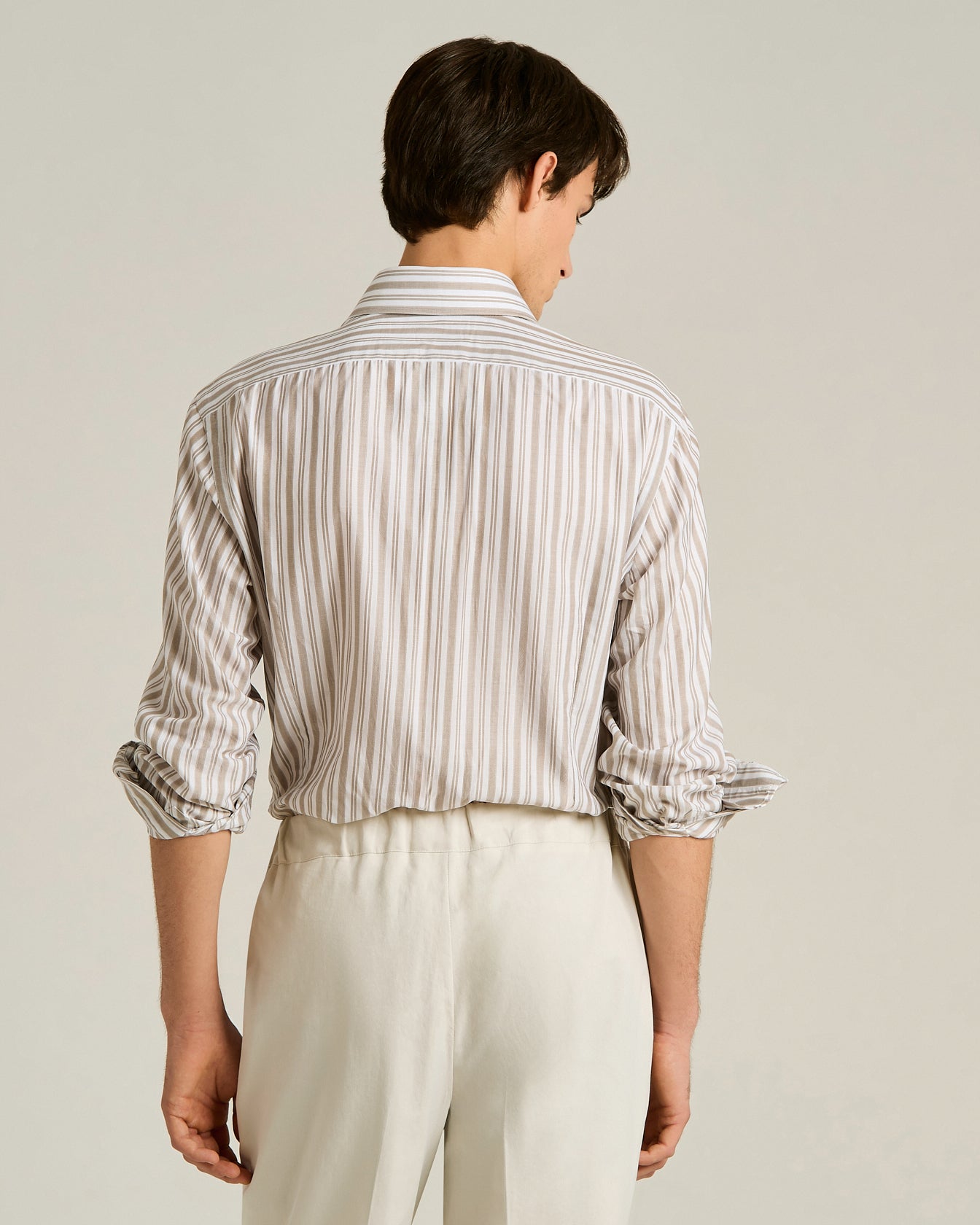 Men's brown striped cotton shirt with low french collar