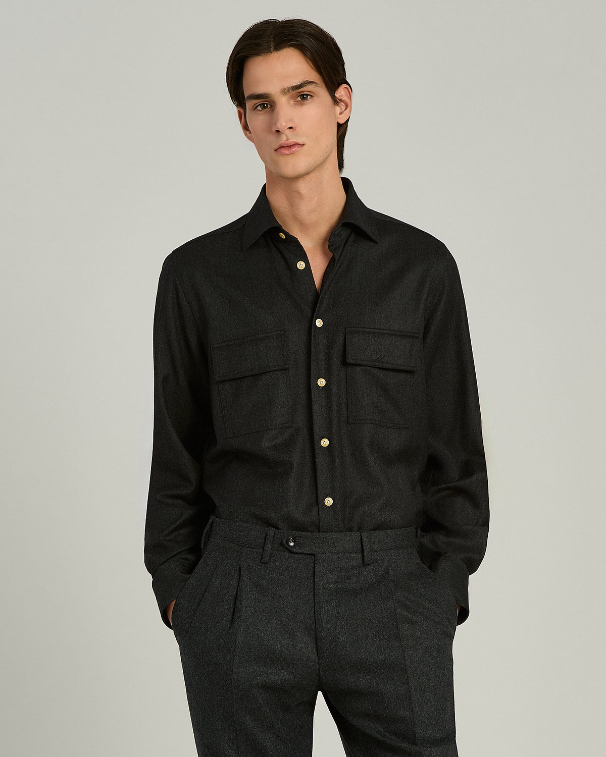 MEDIUM GREY WOOL AND CASHMERE SHIRT WITH PATCH POCKETS 2