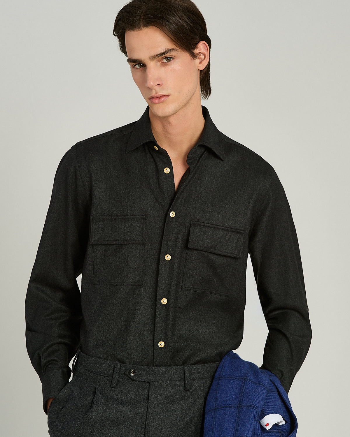MEDIUM GREY WOOL AND CASHMERE SHIRT WITH PATCH POCKETS 4