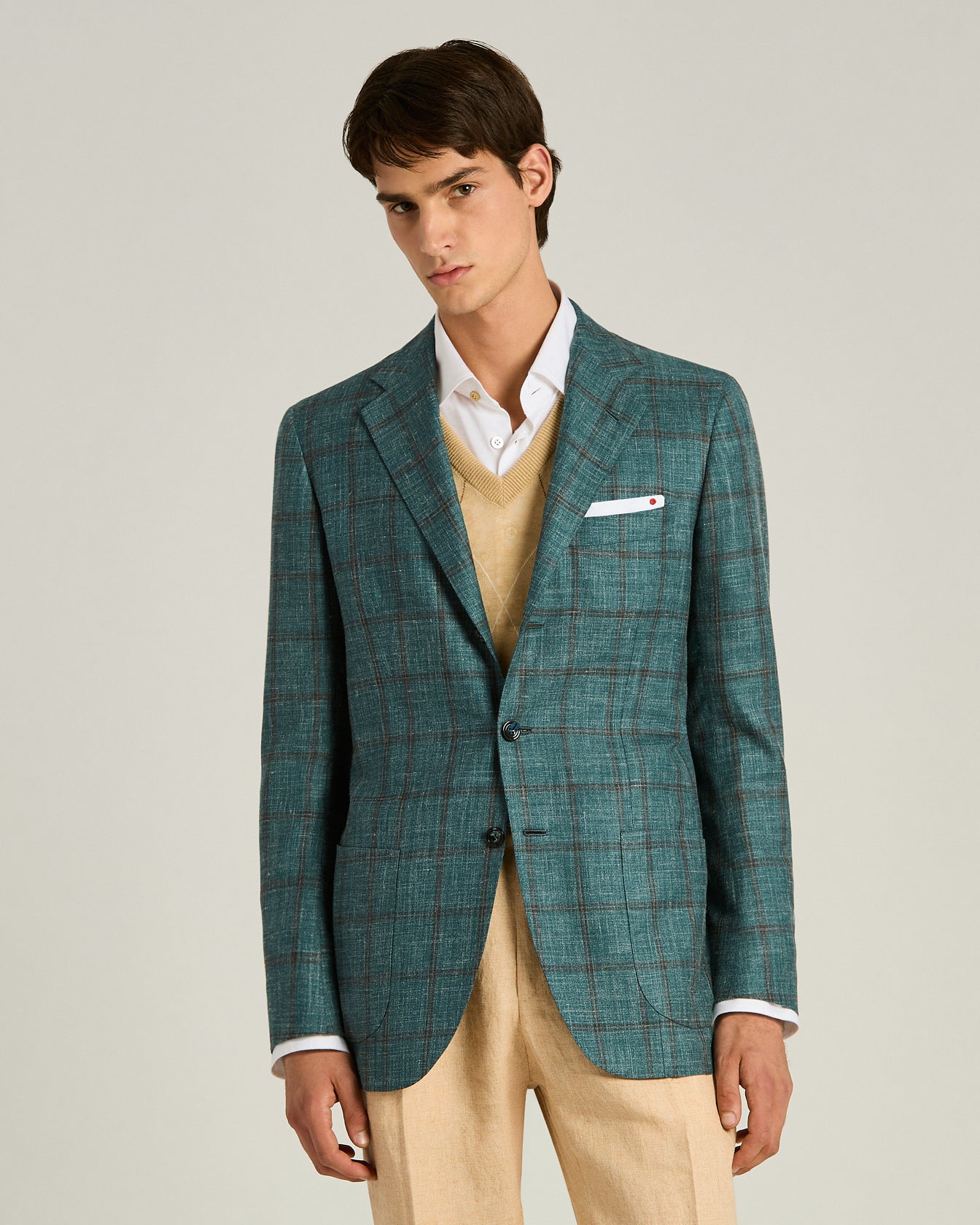 Men's green cashmere, silk and linen checked jacket | Kiton