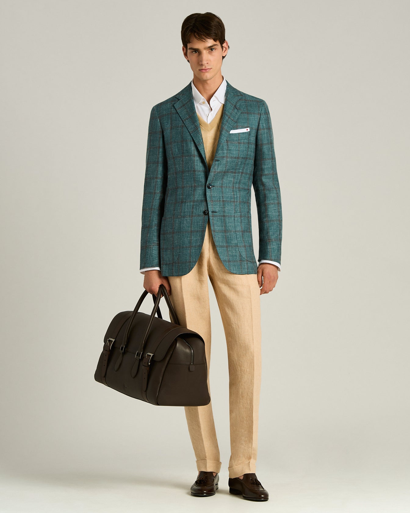 KITON キートン カシミヤ シルク リネン チェック柄 テーラードジャケット Men's green cashmere, silk and linen checked jacket | Kiton
