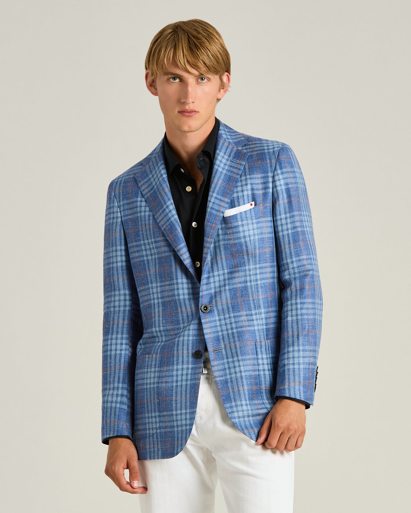 Men's blue cashmere, silk and linen checked jacket | Kiton